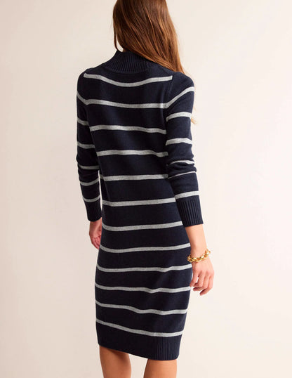 Verity Knitted Dress-Navy and Grey Melange
