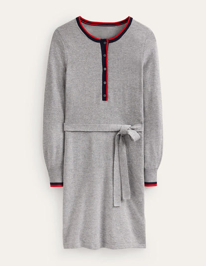Gemma Henley Knitted Dress-Grey Melange