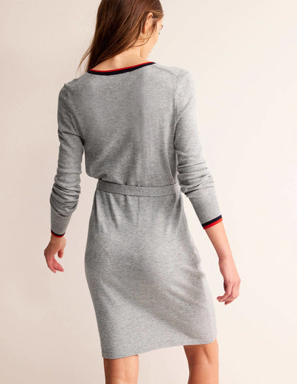 Gemma Henley Knitted Dress-Grey Melange