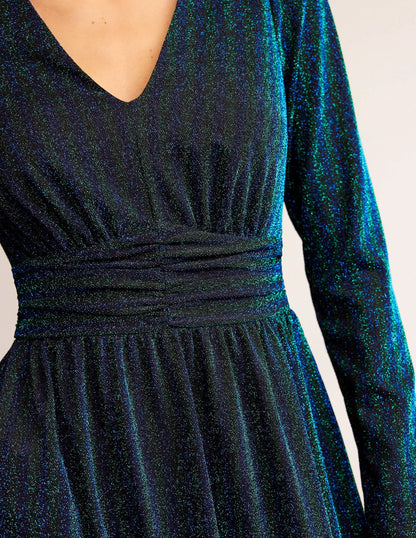 Ruched Sparkle Midi Dress-Green, Navy Stripe