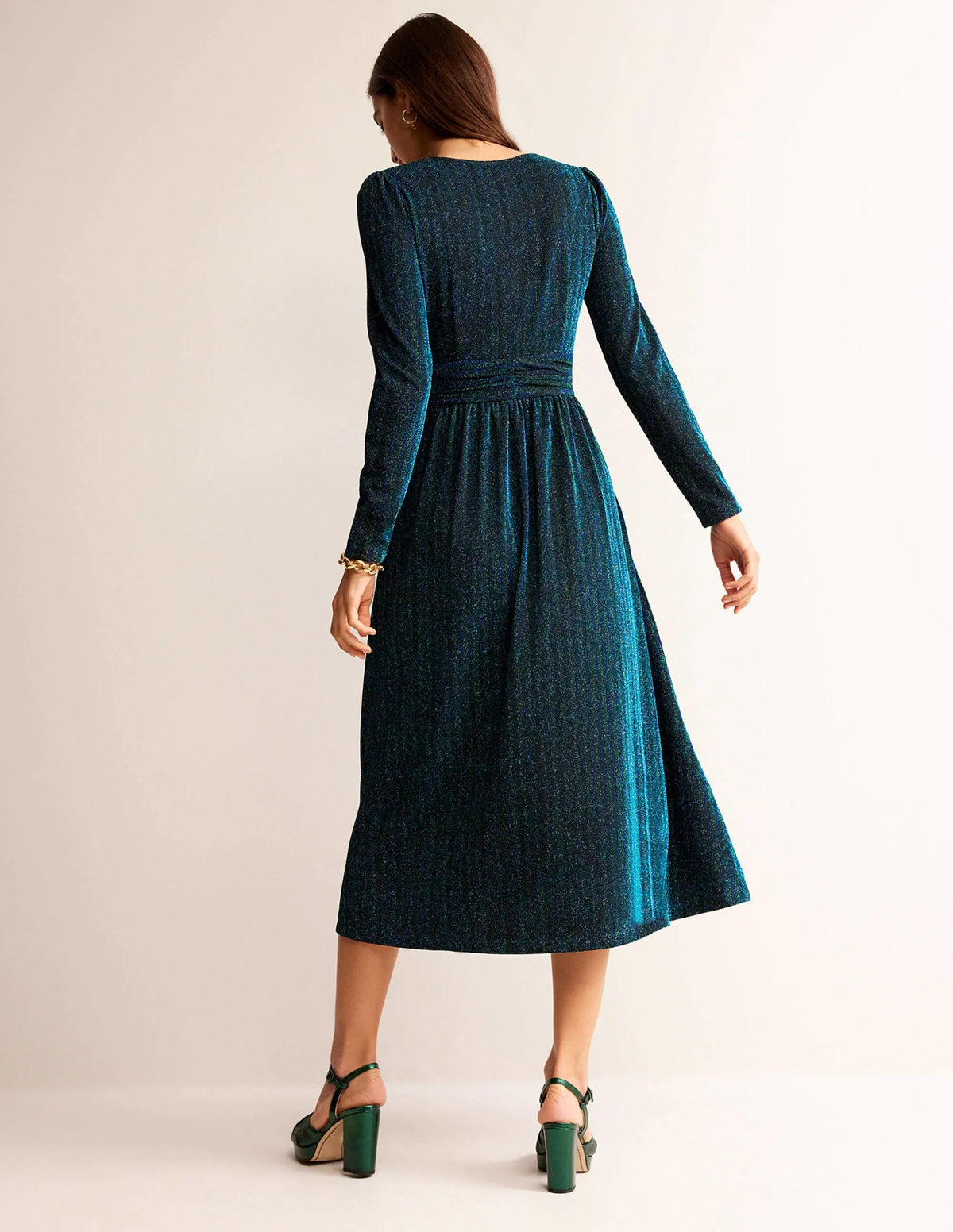Ruched Sparkle Midi Dress-Green, Navy Stripe