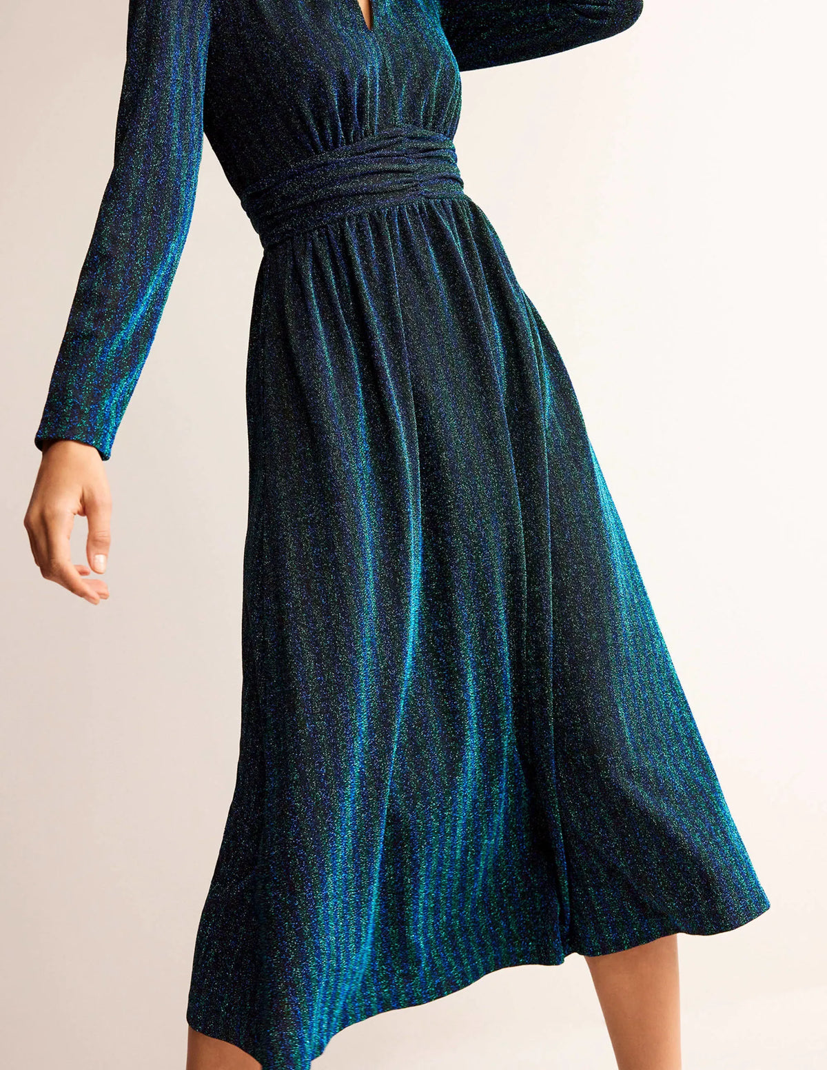 Ruched Sparkle Midi Dress-Green, Navy Stripe