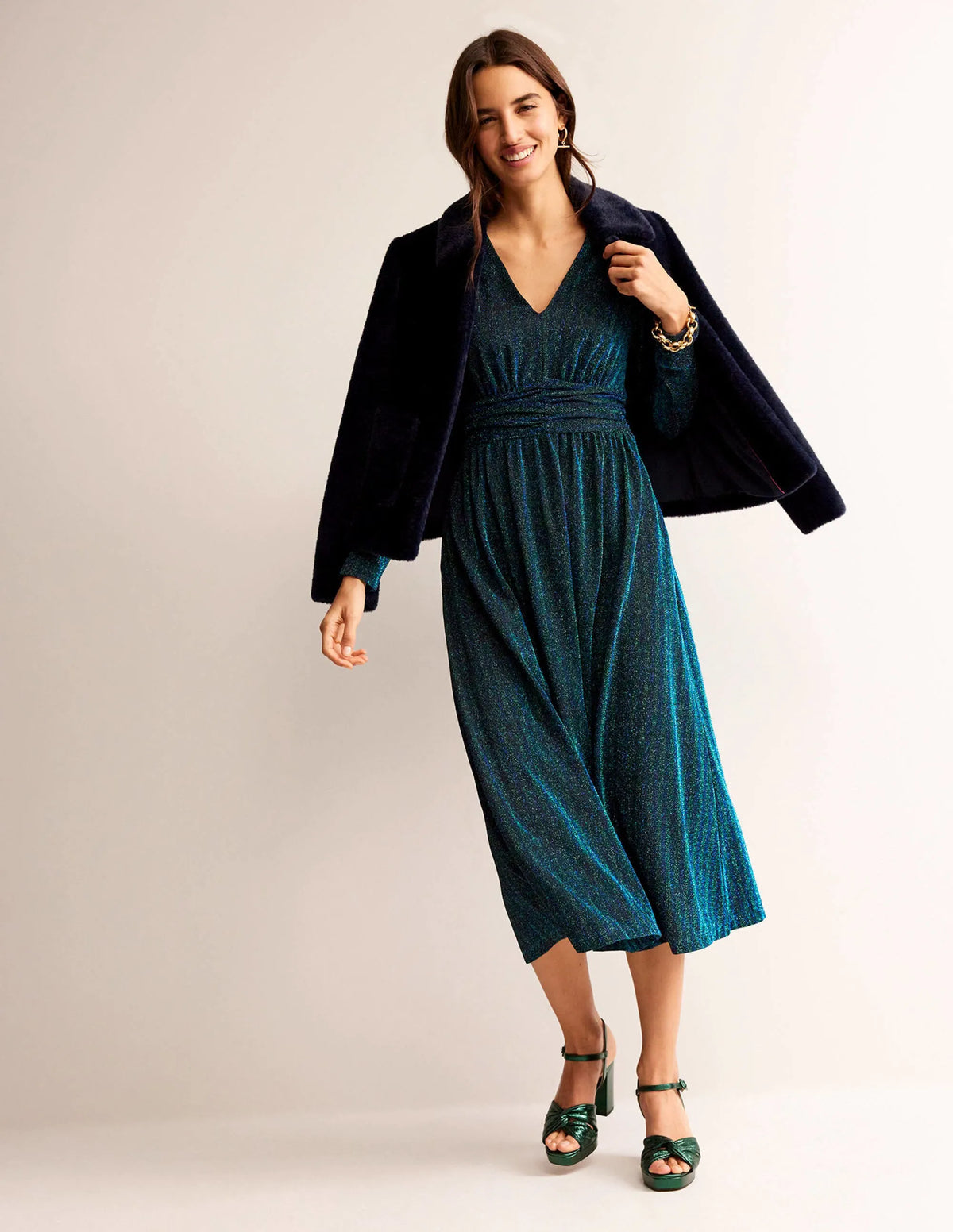 Ruched Sparkle Midi Dress-Green, Navy Stripe