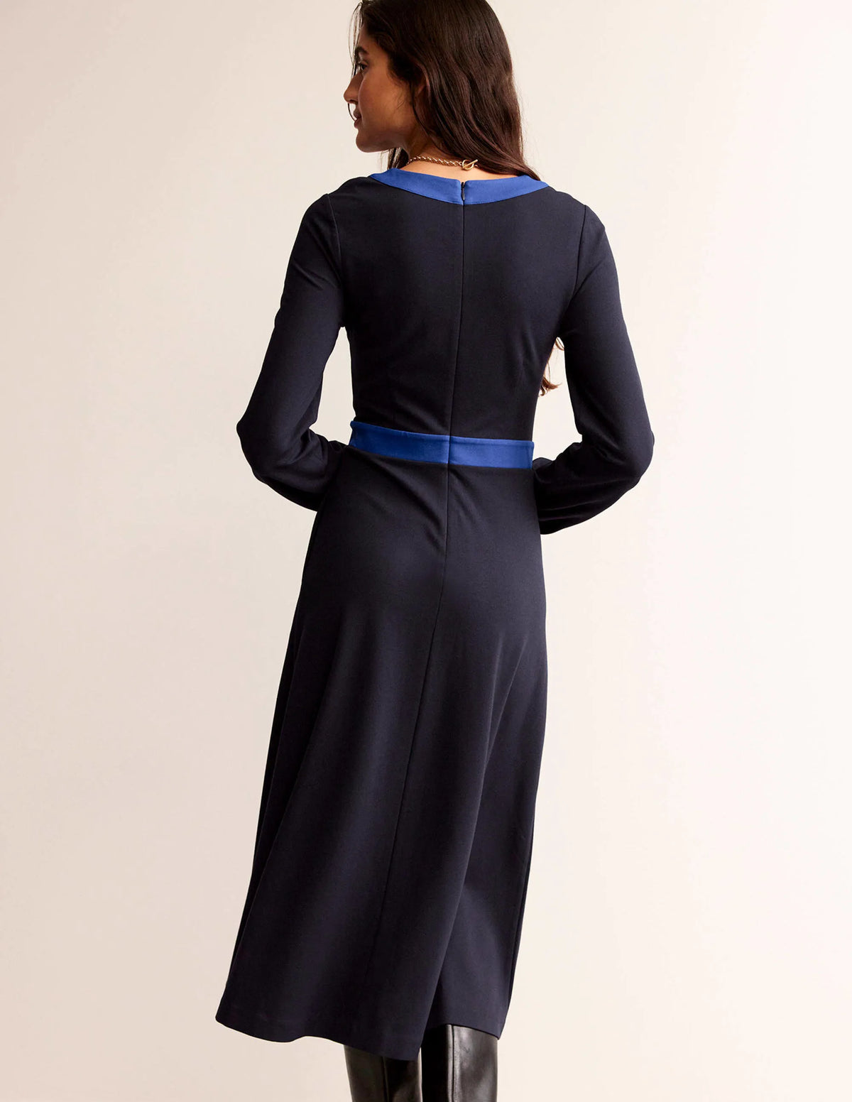 Colour Block V-Neck Midi Dress-Navy and Bright Blue