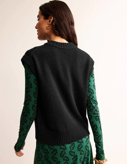 Chunky Cashmere Crew Neck Vest-Black
