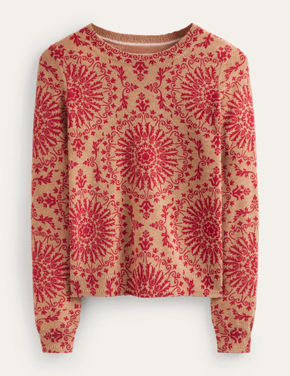 Eva Cashmere Crew Neck Sweater-Camel Pop Peony