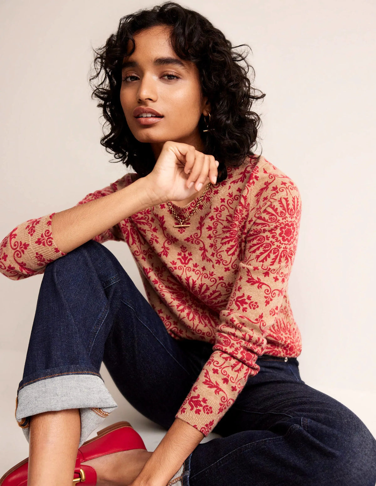 Eva Cashmere Crew Neck Sweater-Camel Pop Peony