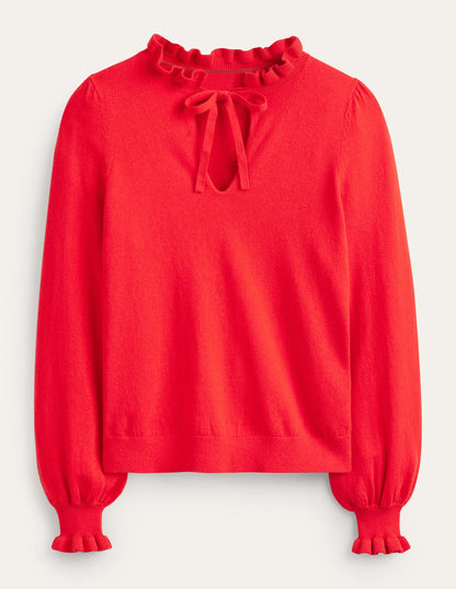Ruffle Tie-Neck Sweater-Brilliant Red