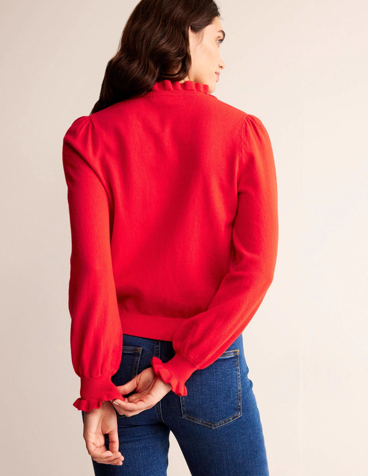 Ruffle Tie-Neck Sweater-Brilliant Red