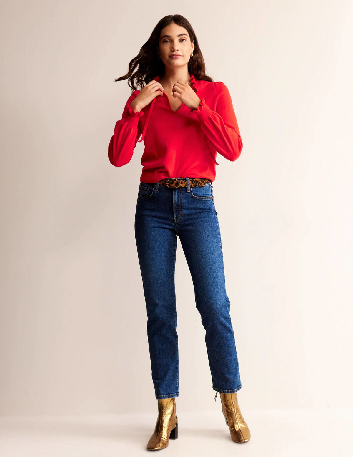 Ruffle Tie-Neck Sweater-Brilliant Red