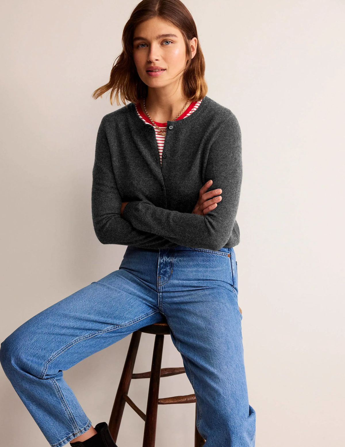 Eva Cashmere Crew Cardigan-Charcoal Melange