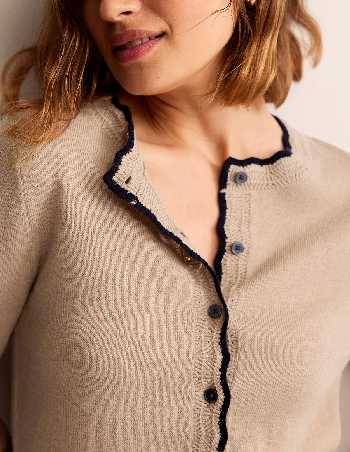 Merino Scalloped Cardigan-Camel Melange