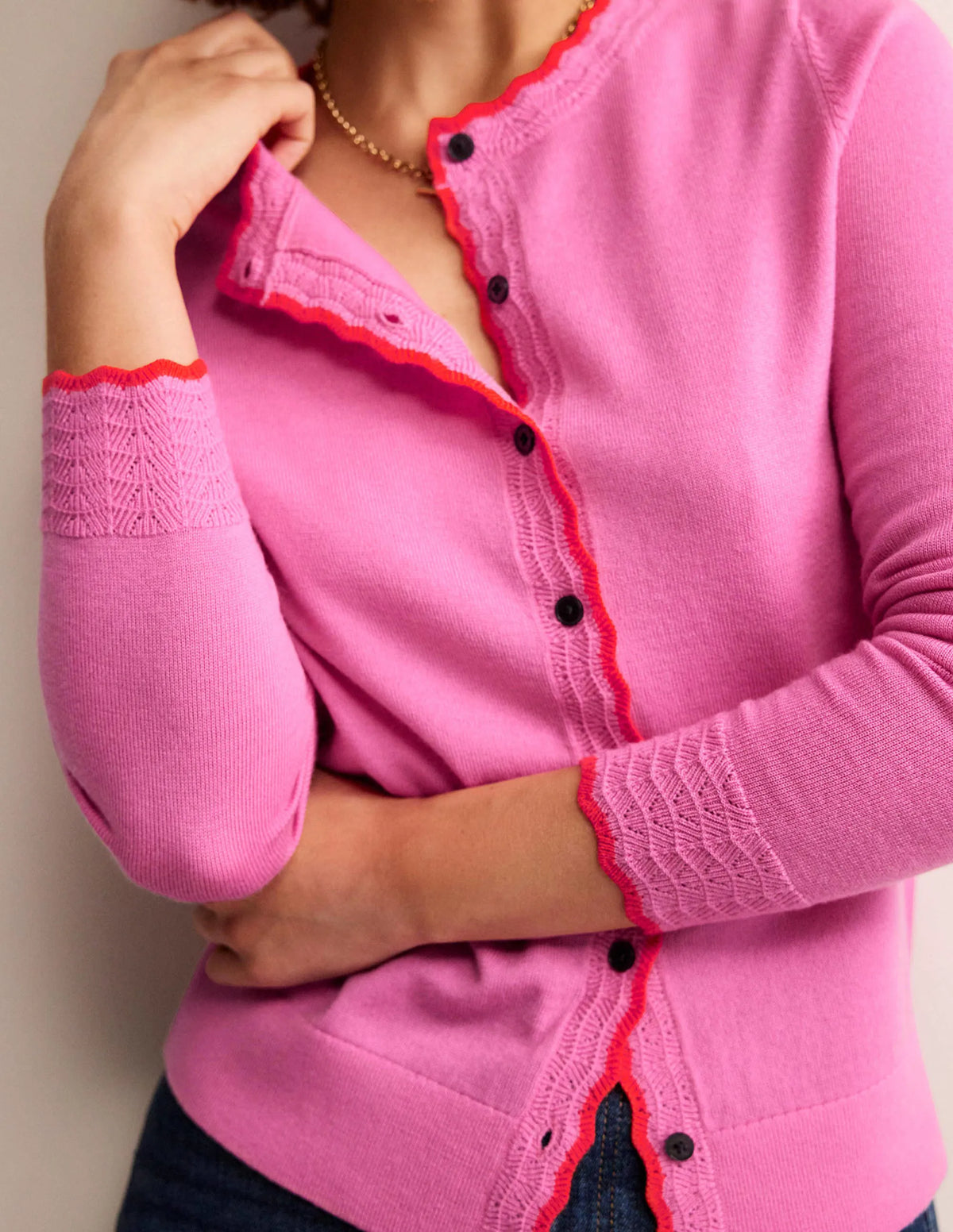 Merino Scalloped Cardigan-Mid Pink
