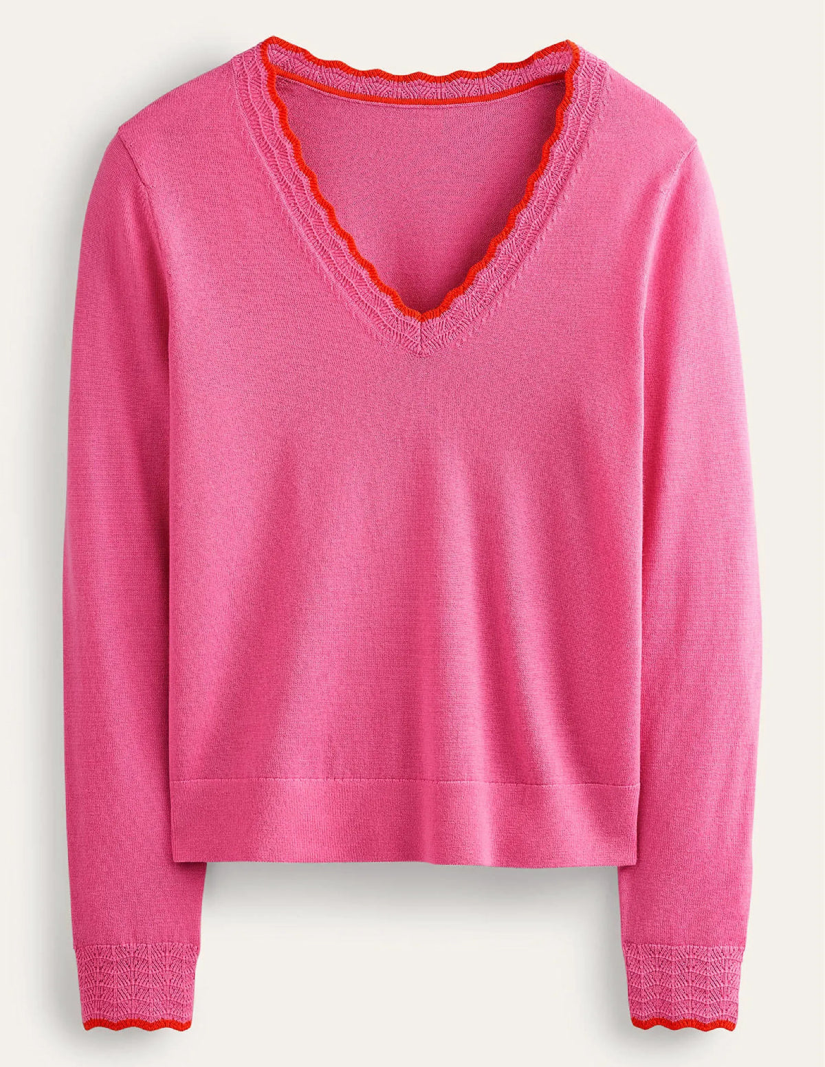 Merino Scallop V-Neck Sweater-Mid Pink