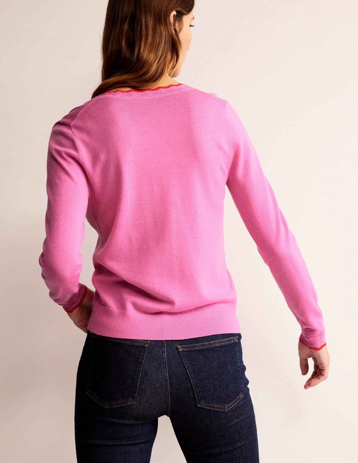 Merino Scallop V-Neck Sweater-Mid Pink