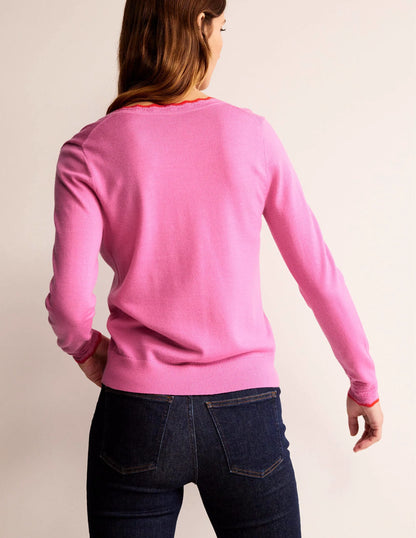 Merino Scallop V-Neck Sweater-Mid Pink