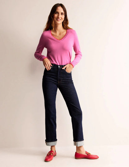 Merino Scallop V-Neck Sweater-Mid Pink