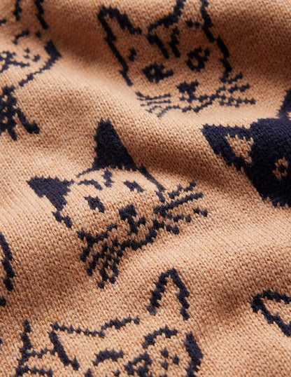 Heather Jacquard Sweater-Camel and Navy, Cats