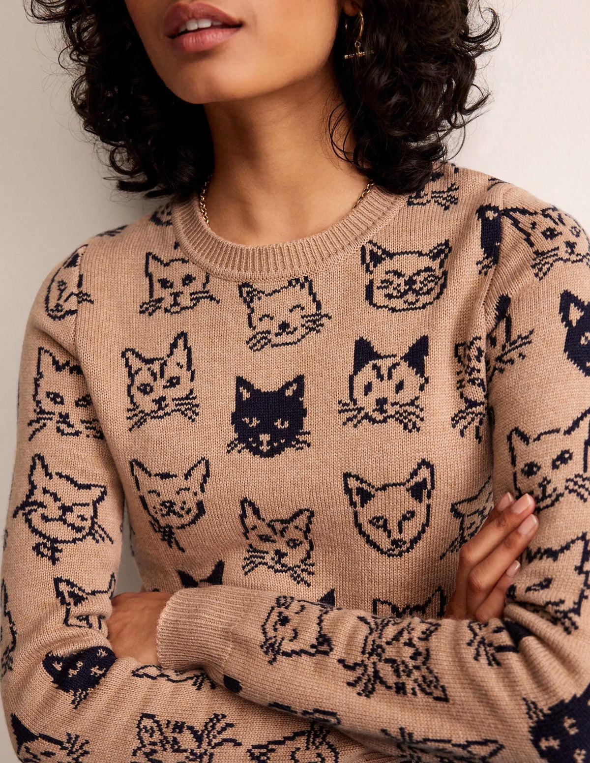 Heather Jacquard Sweater-Camel and Navy, Cats
