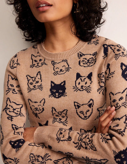 Heather Jacquard Sweater-Camel and Navy, Cats