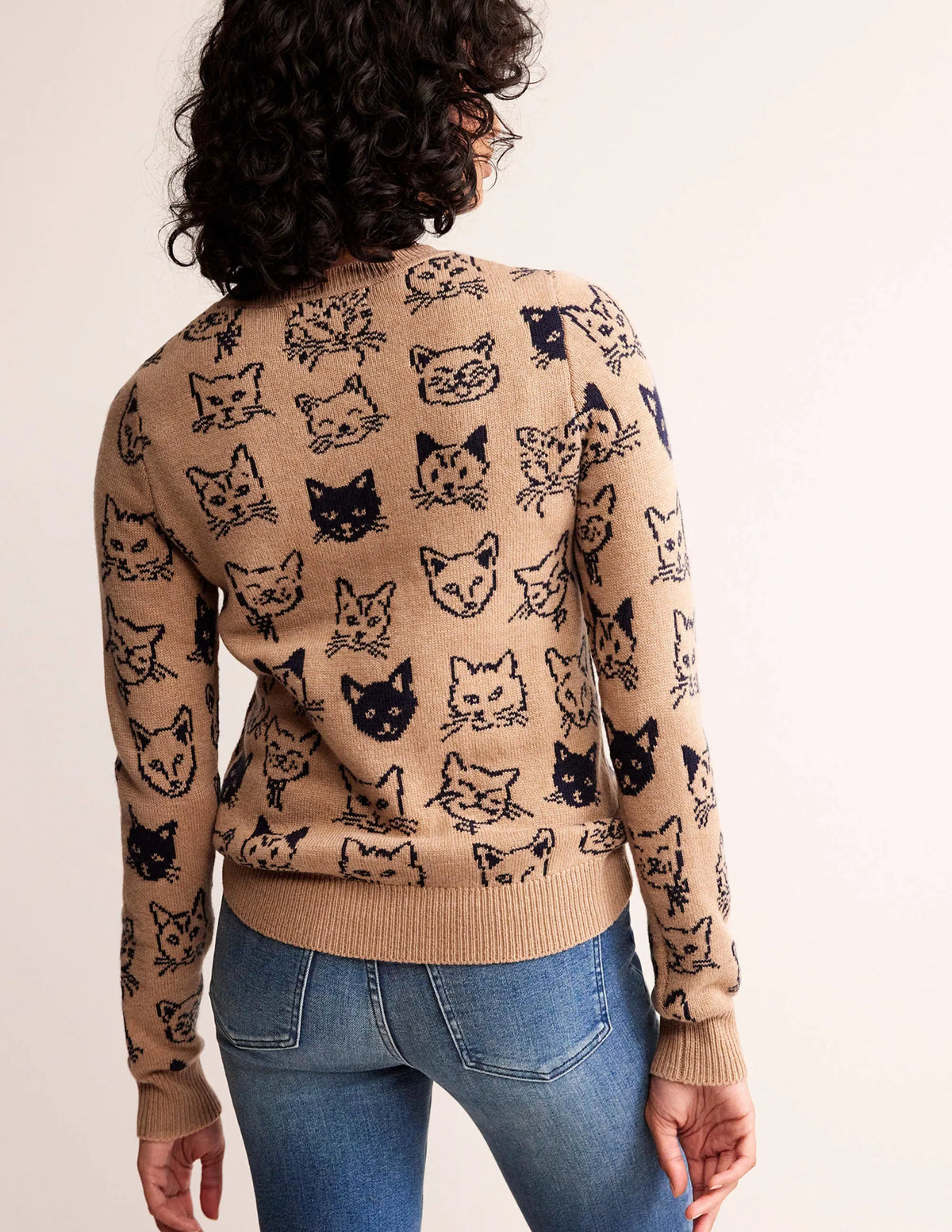 Heather Jacquard Sweater-Camel and Navy, Cats