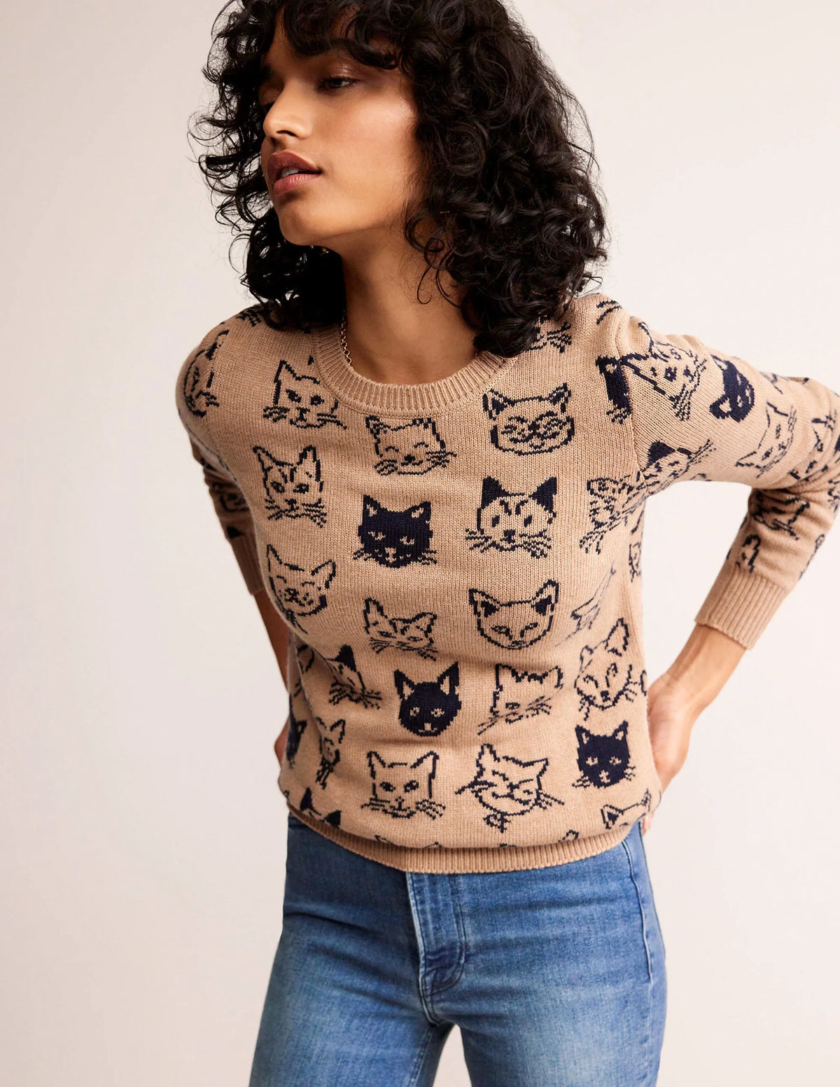 Heather Jacquard Sweater-Camel and Navy, Cats