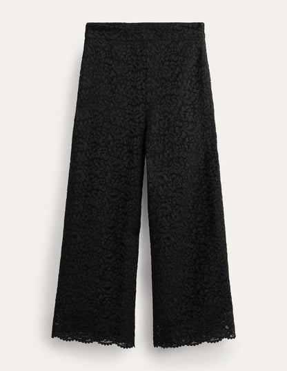 Cropped Wide-Leg Lace Pants-Black