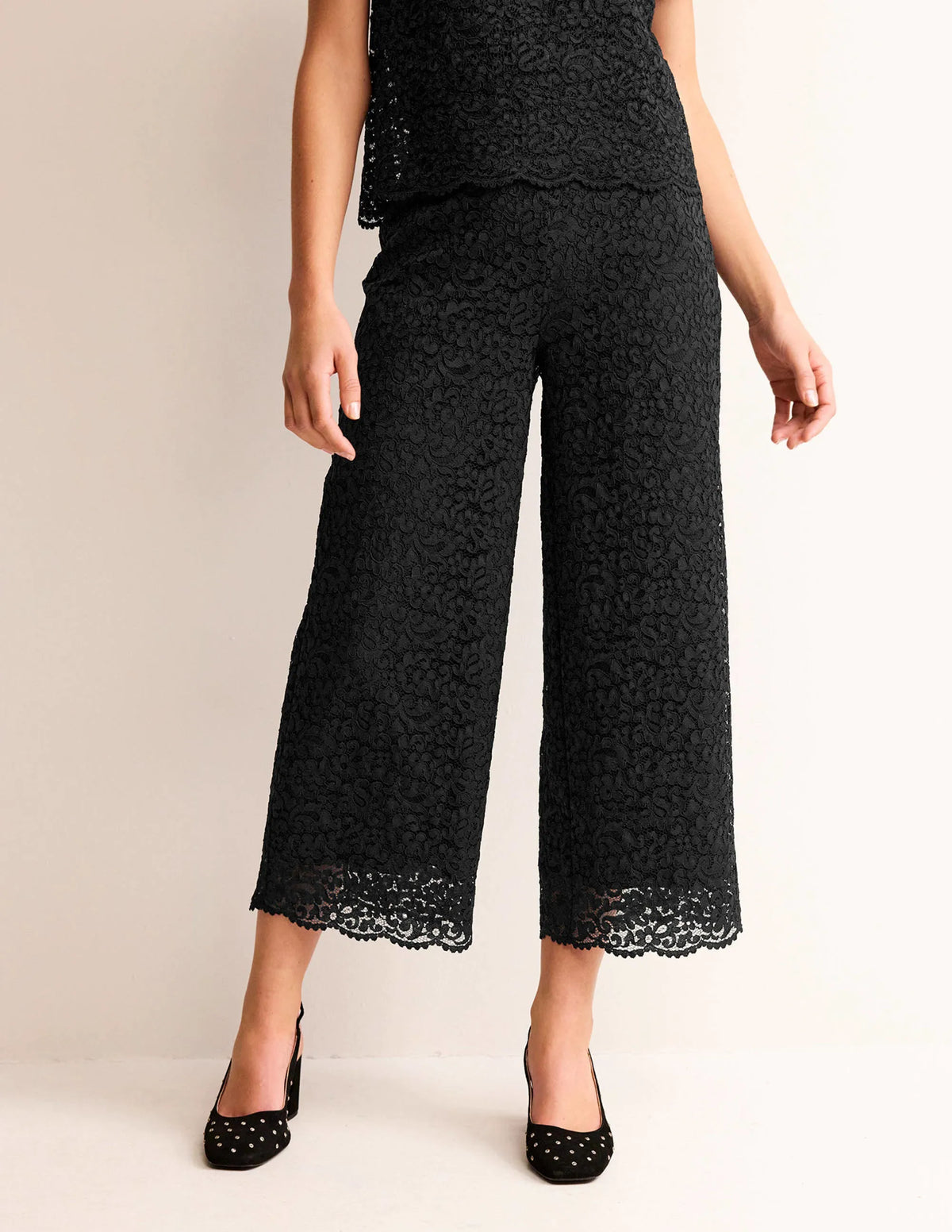 Cropped Wide-Leg Lace Pants-Black