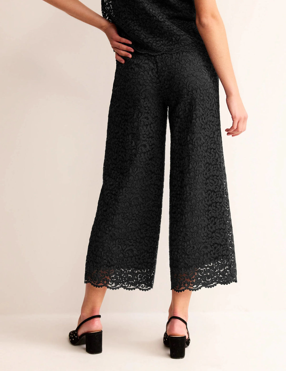 Cropped Wide-Leg Lace Pants-Black