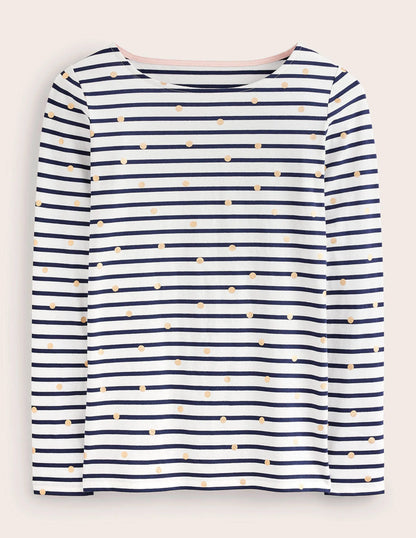 Ella Long Sleeve Breton-Ivory, Navy Foil Dot