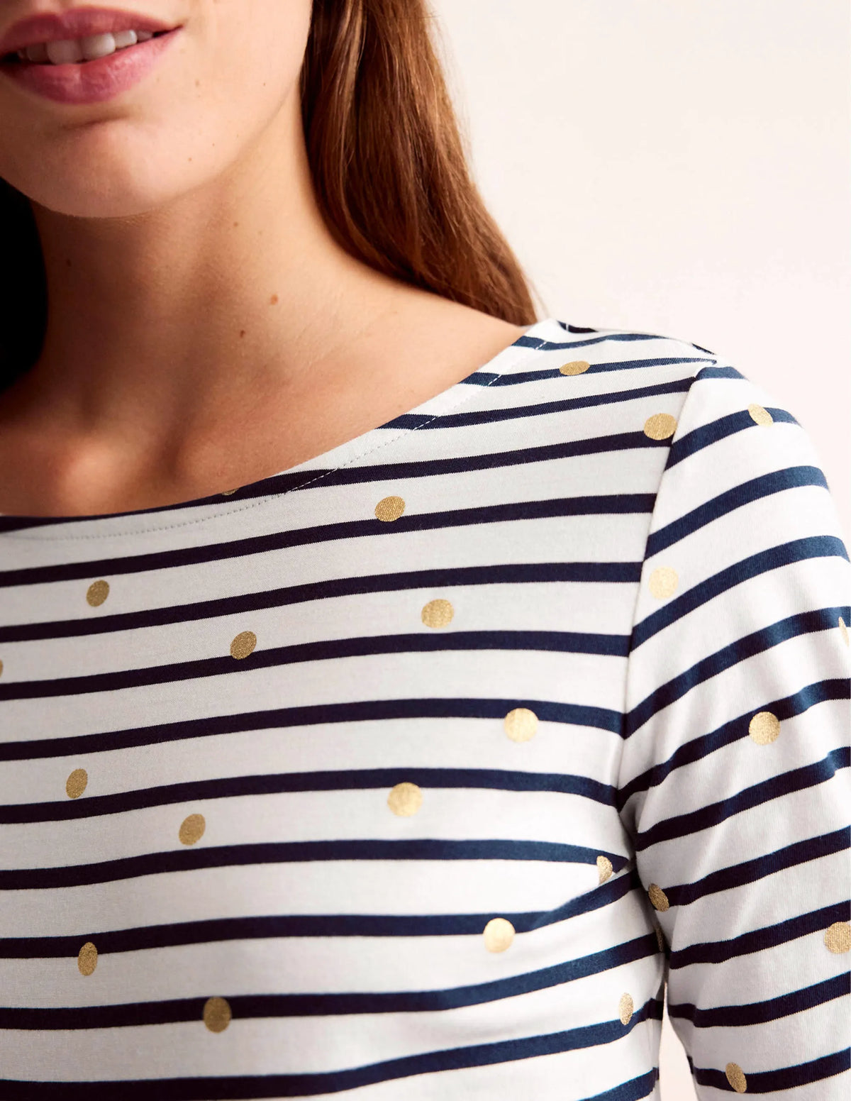 Ella Long Sleeve Breton-Ivory, Navy Foil Dot