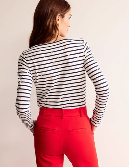 Ella Long Sleeve Breton-Ivory, Navy Foil Dot