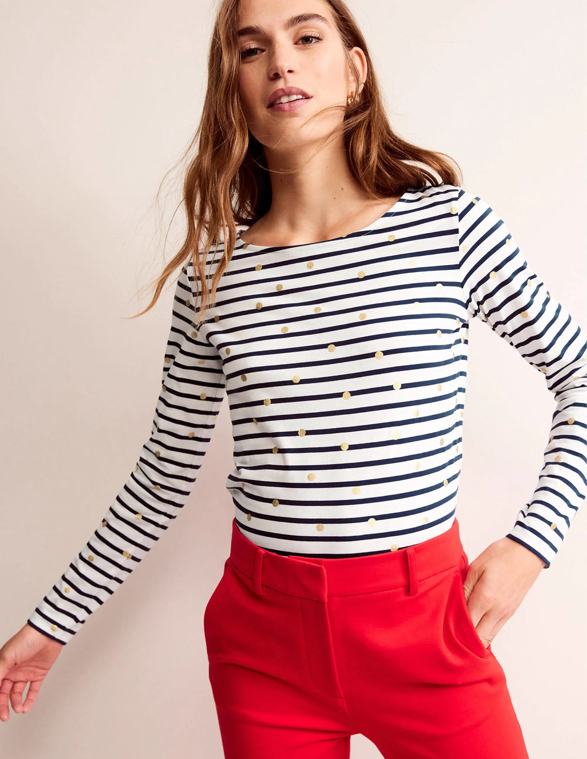 Ella Long Sleeve Breton-Ivory, Navy Foil Dot