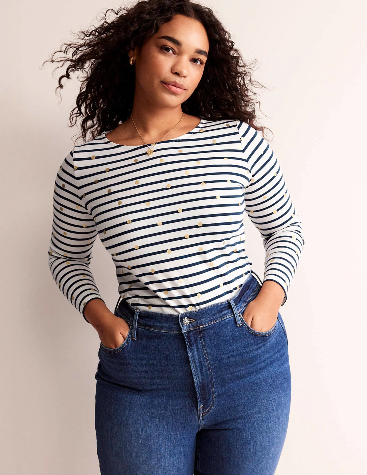 Ella Long Sleeve Breton-Ivory, Navy Foil Dot