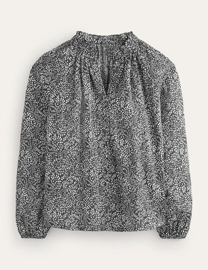 High-Neck Printed Top-Black, Pome Sprig