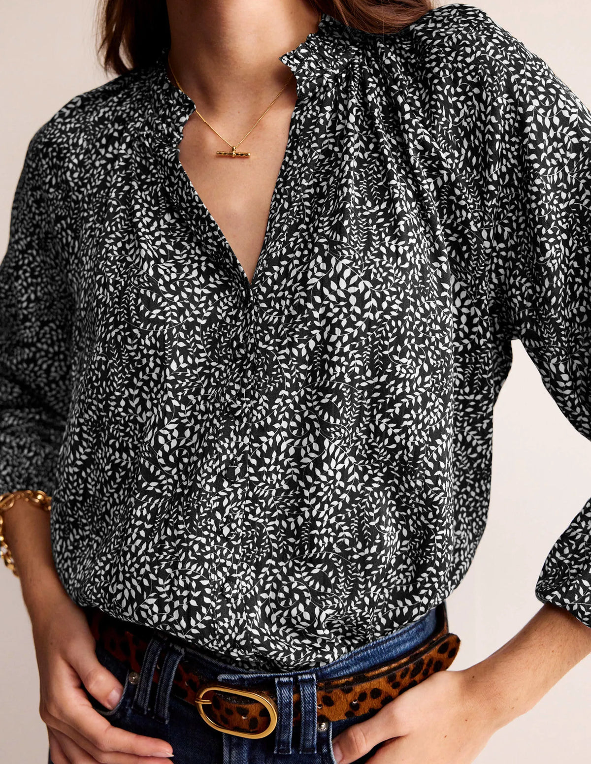 High-Neck Printed Top-Black, Pome Sprig