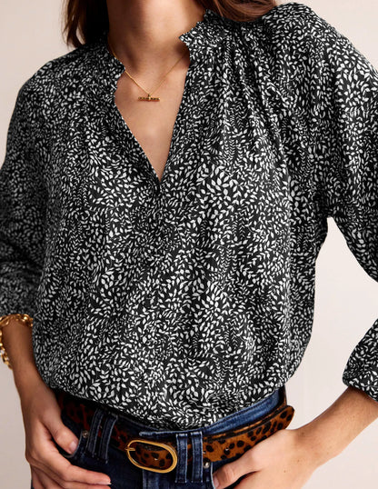 High-Neck Printed Top-Black, Pome Sprig