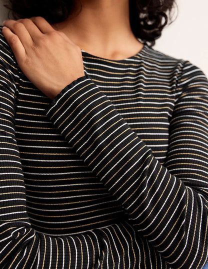 Long Sleeve Metallic Top-Black Stripe