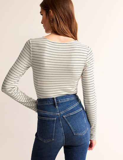 Long Sleeve Metallic Top-Ivory Stripe