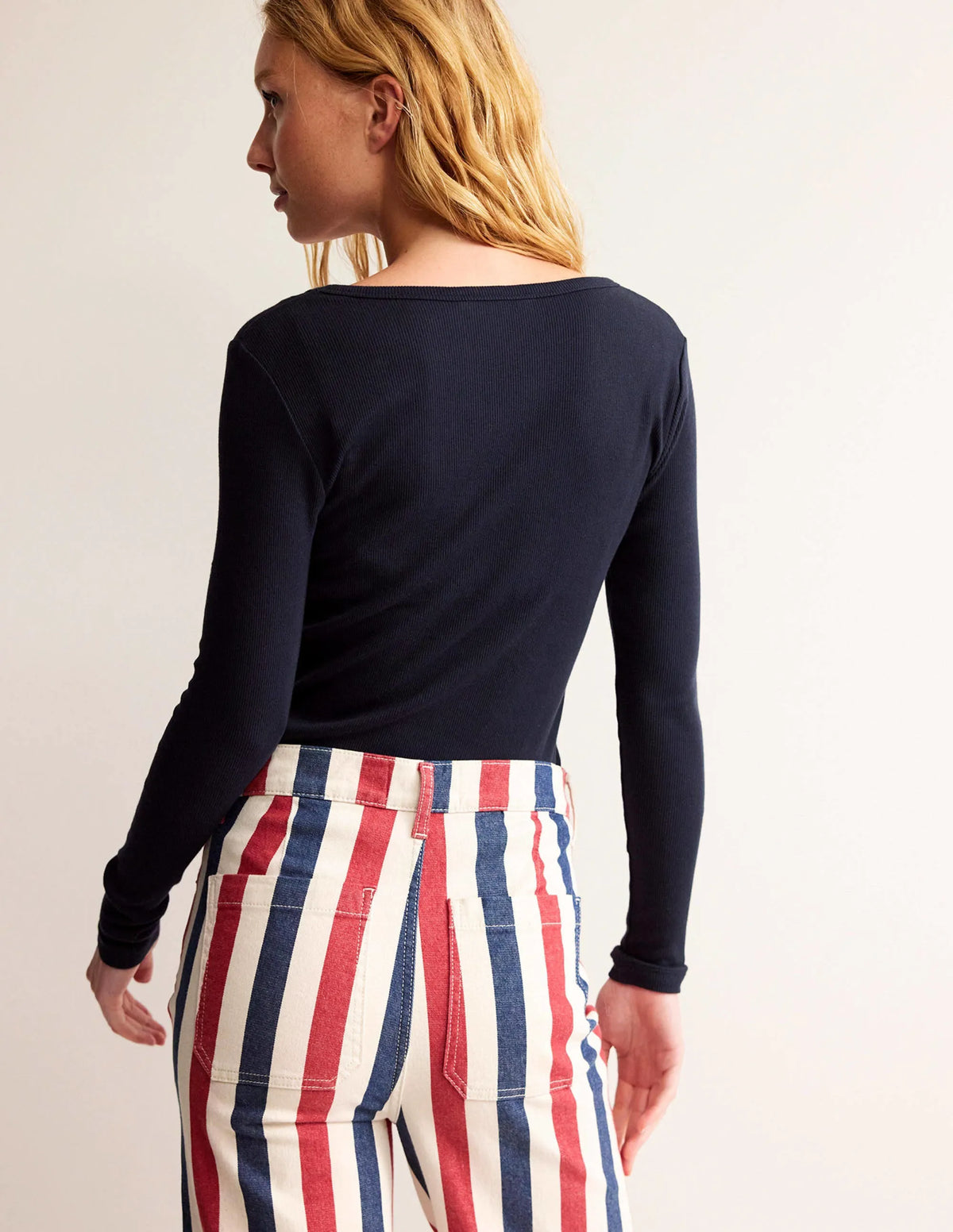 Cotton Rib Scoop Neck Top-Navy
