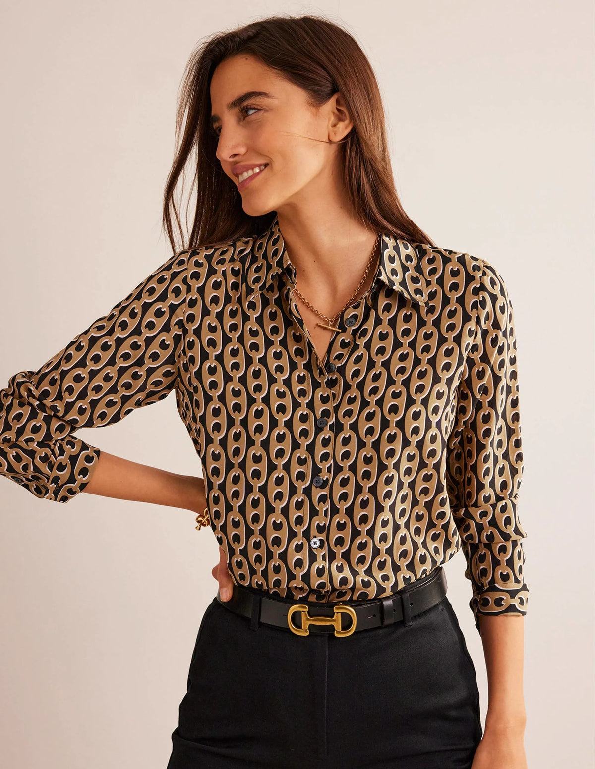 Sienna Silk Shirt-Black, Camel Chain