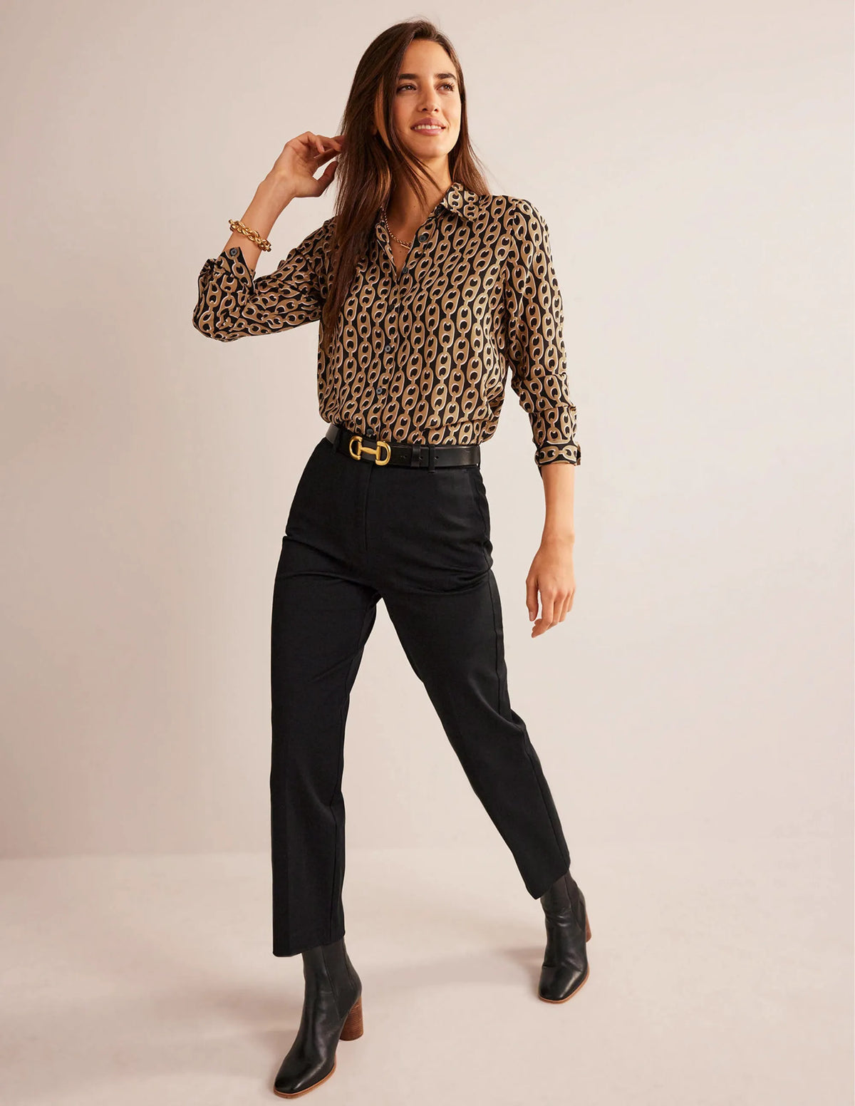 Sienna Silk Shirt-Black, Camel Chain
