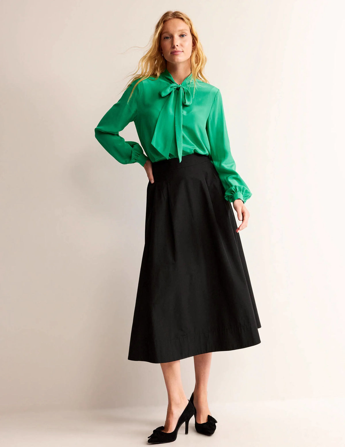 Bow-Neck Button-Down Blouse-Veridian Green