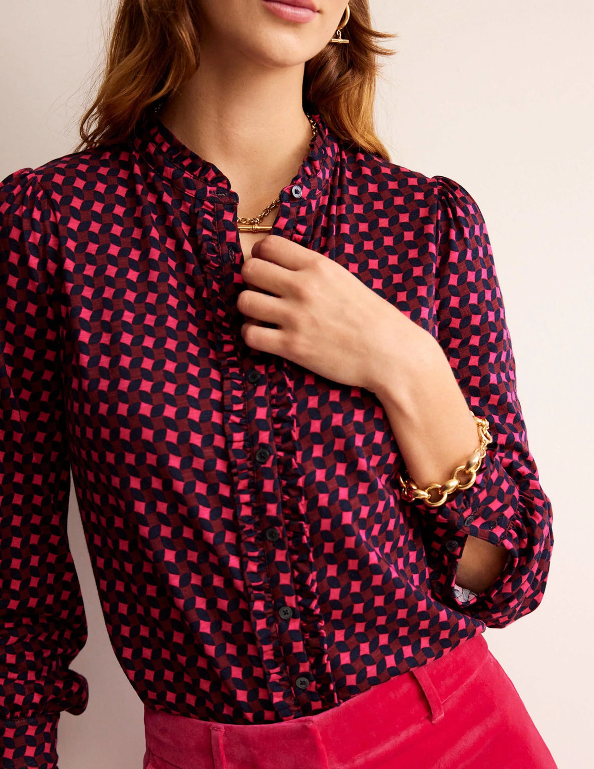 Caroline Jersey Shirt-Vibrant Pink, Abstract Diamond