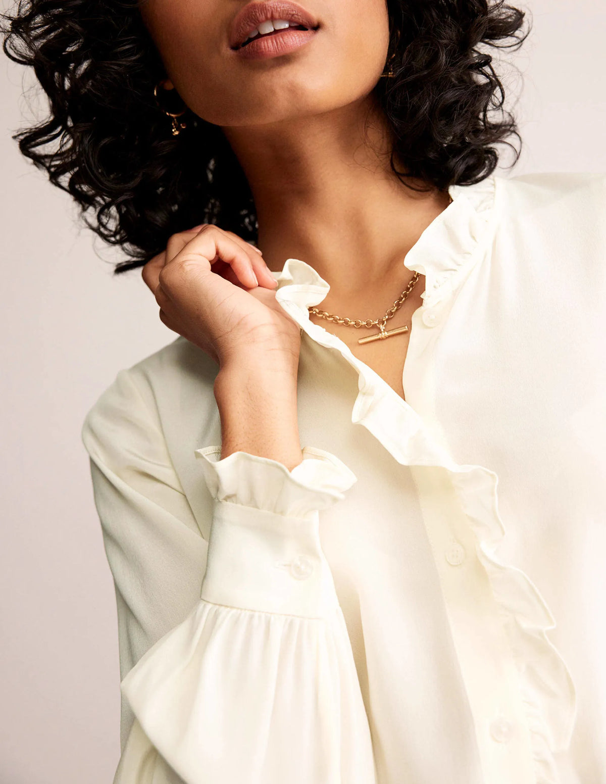 Ruffle Neck Silk Blouse-Ivory