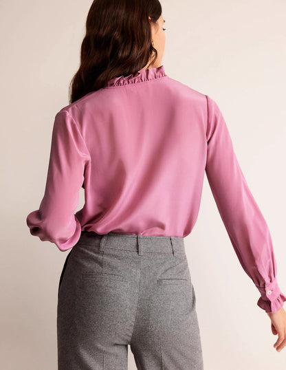 Ruffle Neck Silk Blouse-Strawberry Sherbet