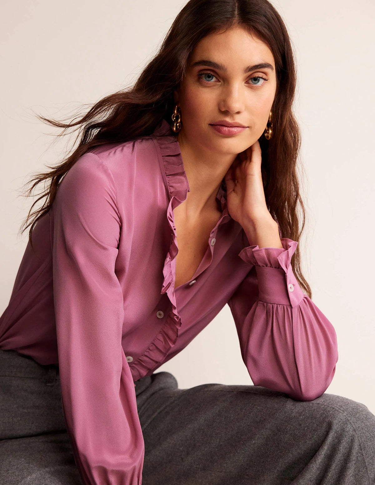 Ruffle Neck Silk Blouse-Strawberry Sherbet