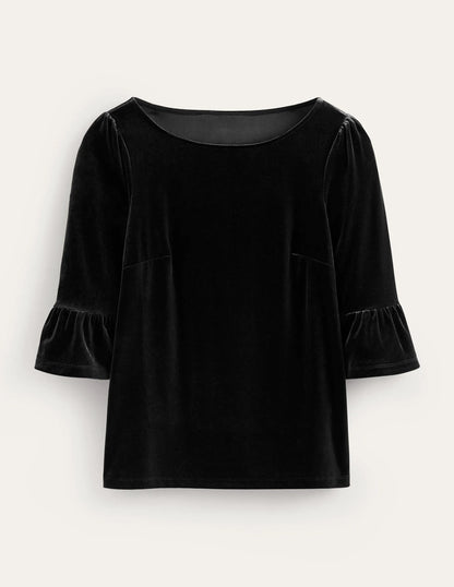 Velvet Ruffle Cuff Top-Black