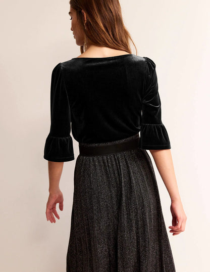 Velvet Ruffle Cuff Top-Black