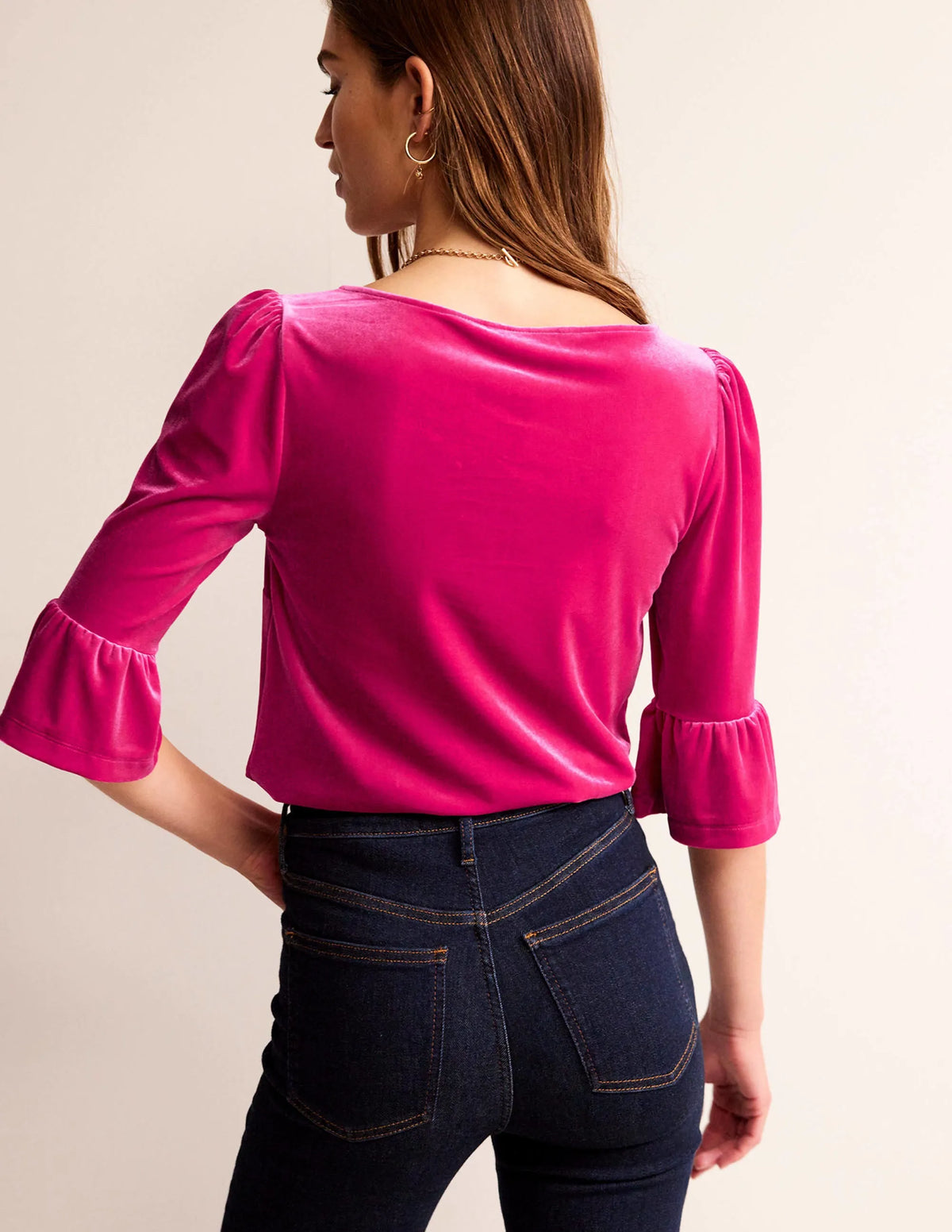 Velvet Ruffle Cuff Top-Vibrant Pink